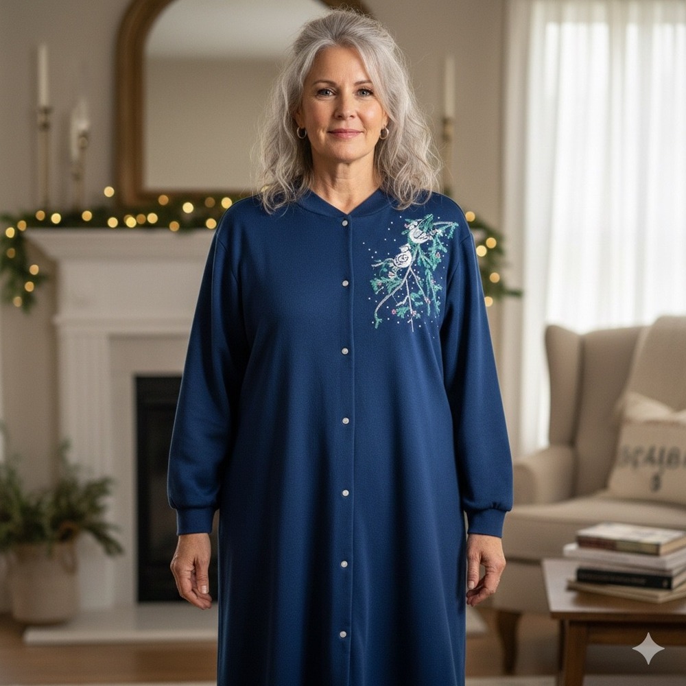 Vintage Orvis Blue Jay Embroidered Snap Front Housecoat Size Large Robe Made USA